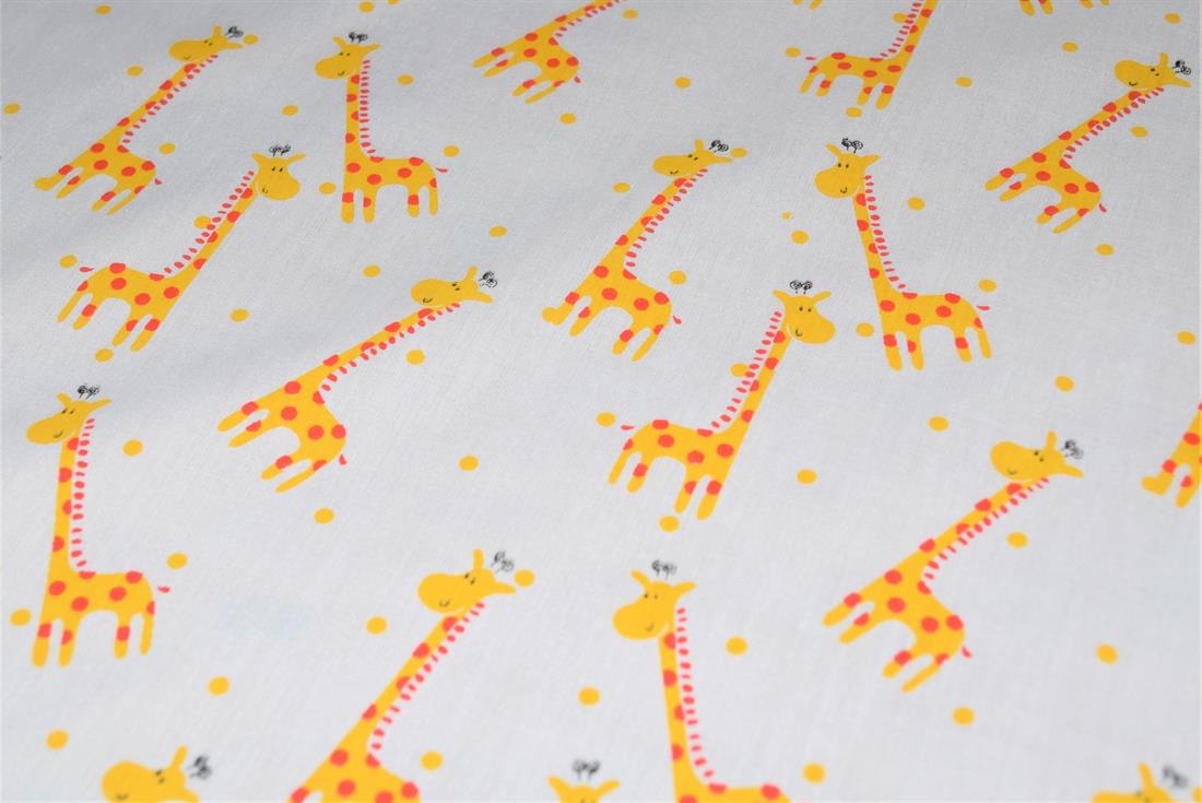 White Printed Polycotton Fabric, Giraffe Desing