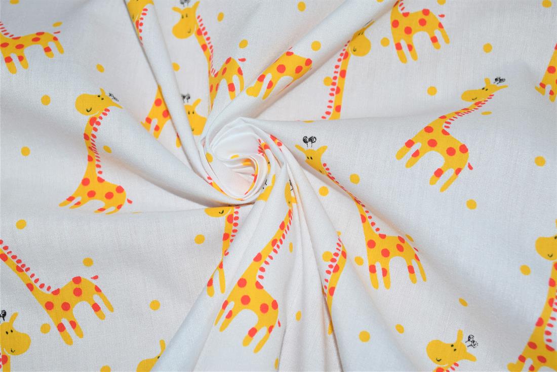 White Printed Polycotton Fabric, Giraffe Desing