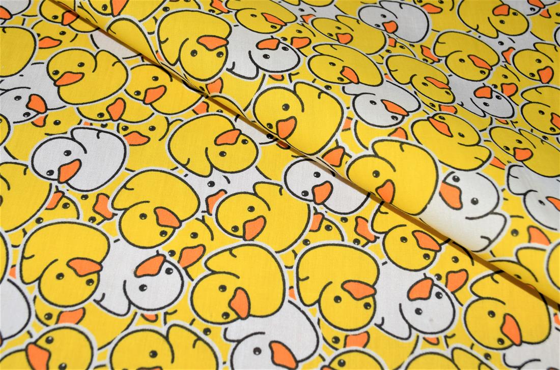 Yellow Printed Polycotton Fabric, Ducks Desing