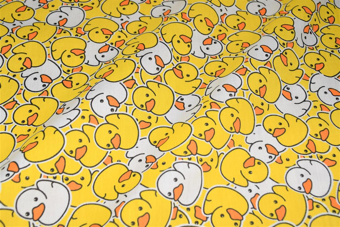 Yellow Printed Polycotton Fabric, Ducks Desing