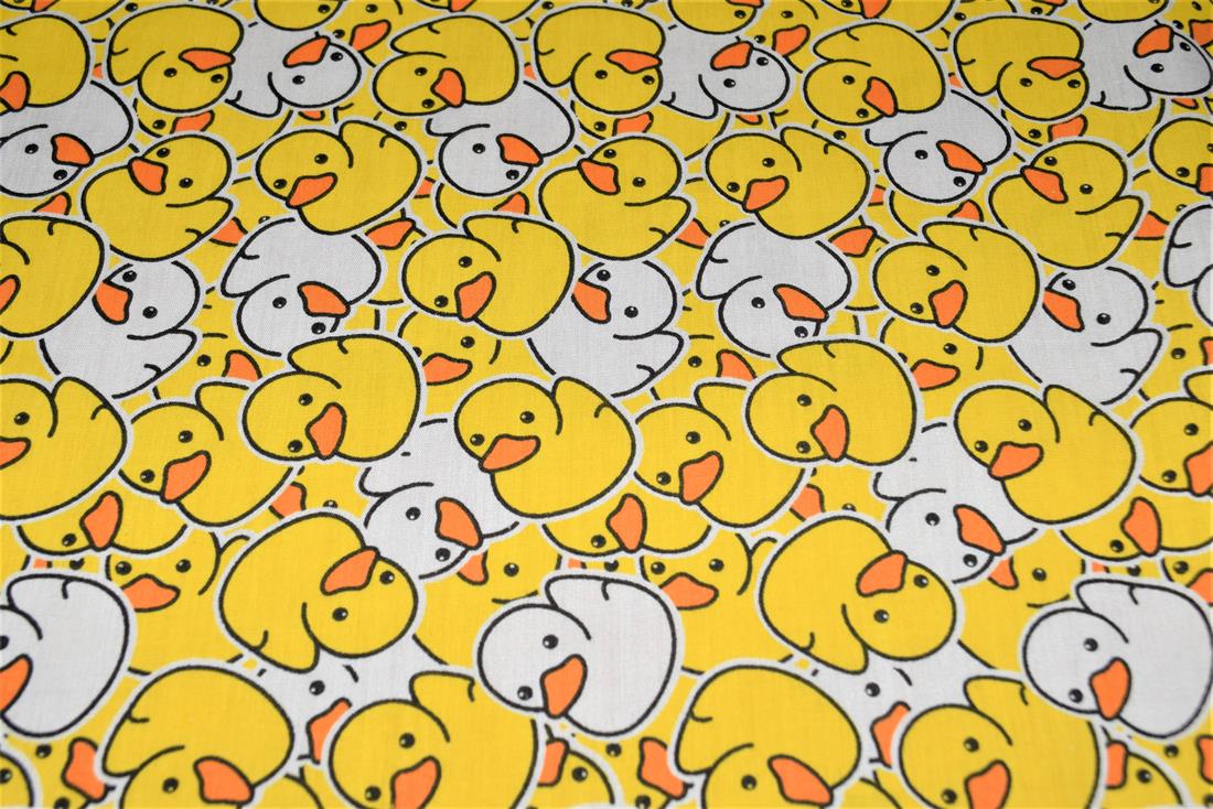 Yellow Printed Polycotton Fabric, Ducks Desing