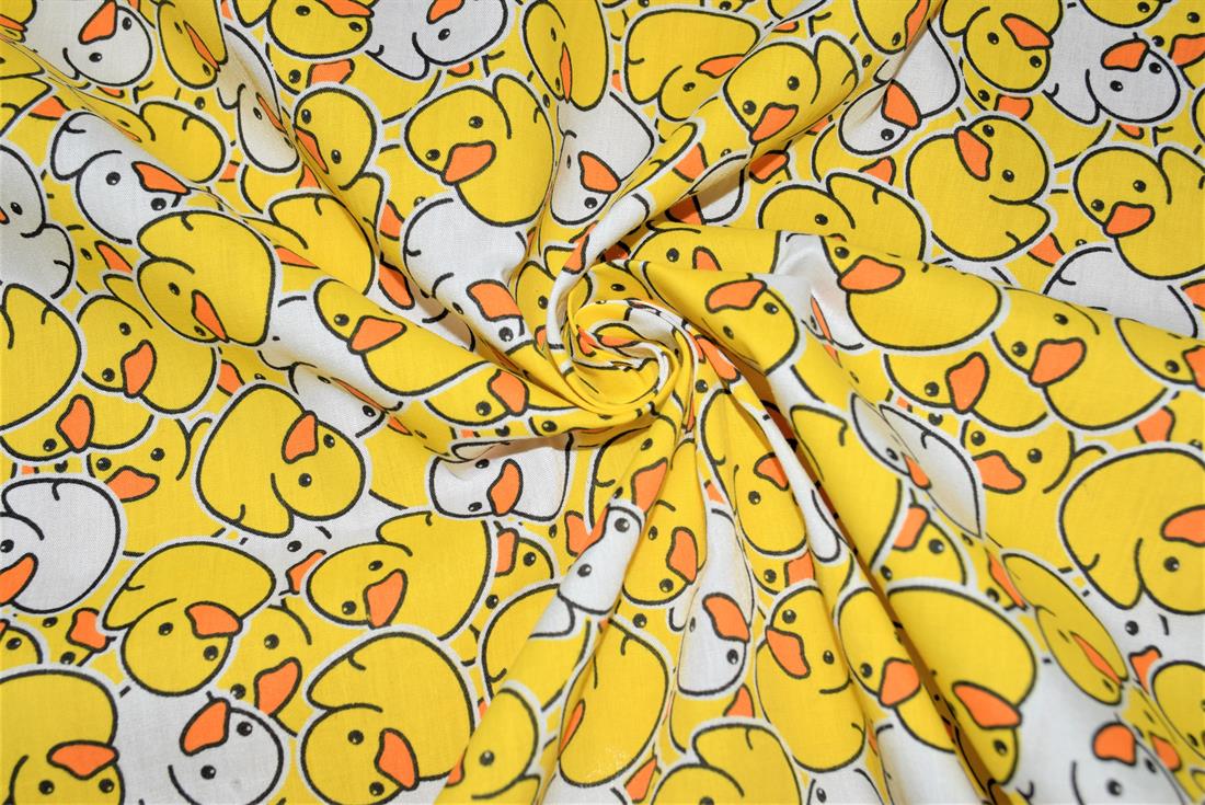 Yellow Printed Polycotton Fabric, Ducks Desing