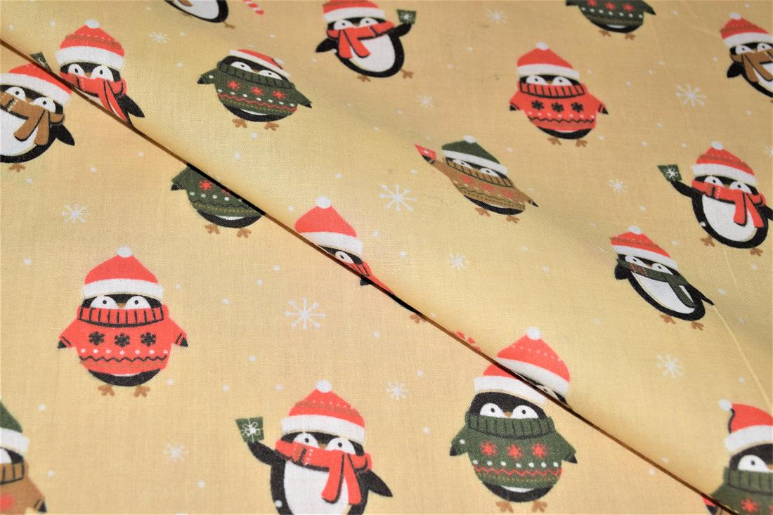 Beige Christmas Penguin Printed Polycotton Fabric