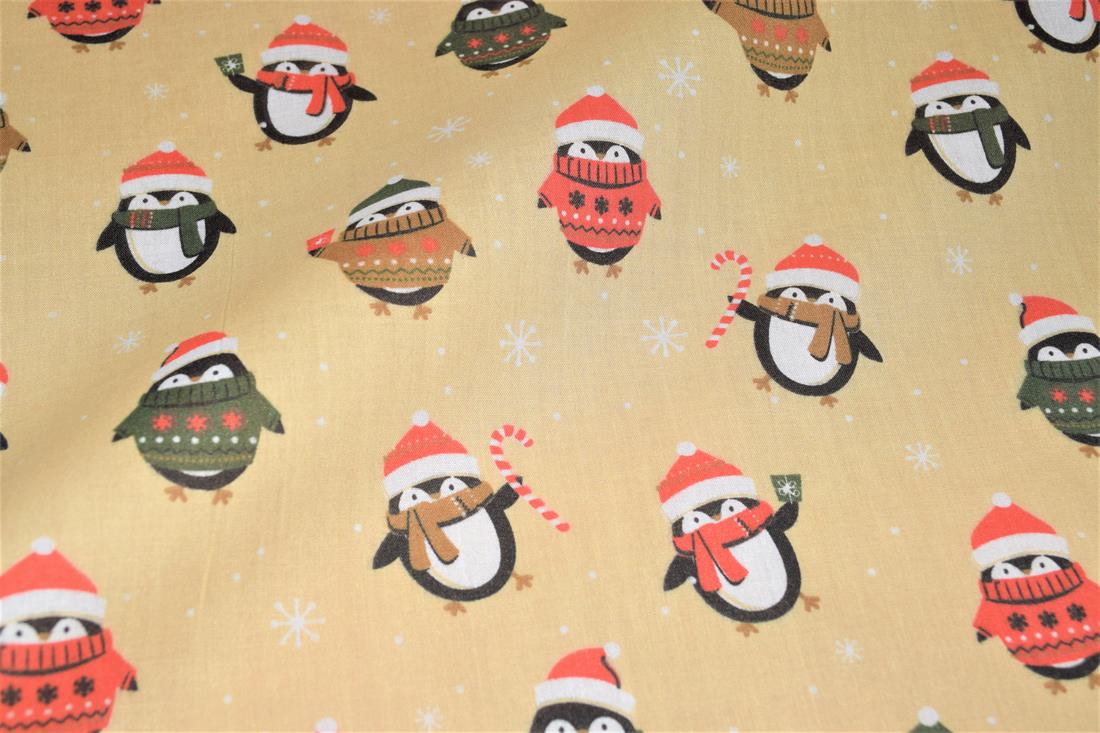 Beige Christmas Penguin Printed Polycotton Fabric