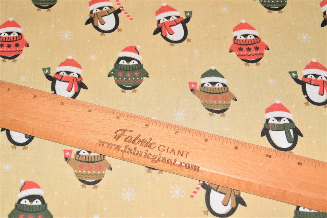 Beige Christmas Penguin Printed Polycotton Fabric