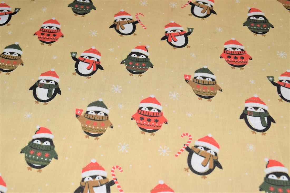 Beige Christmas Penguin Printed Polycotton Fabric
