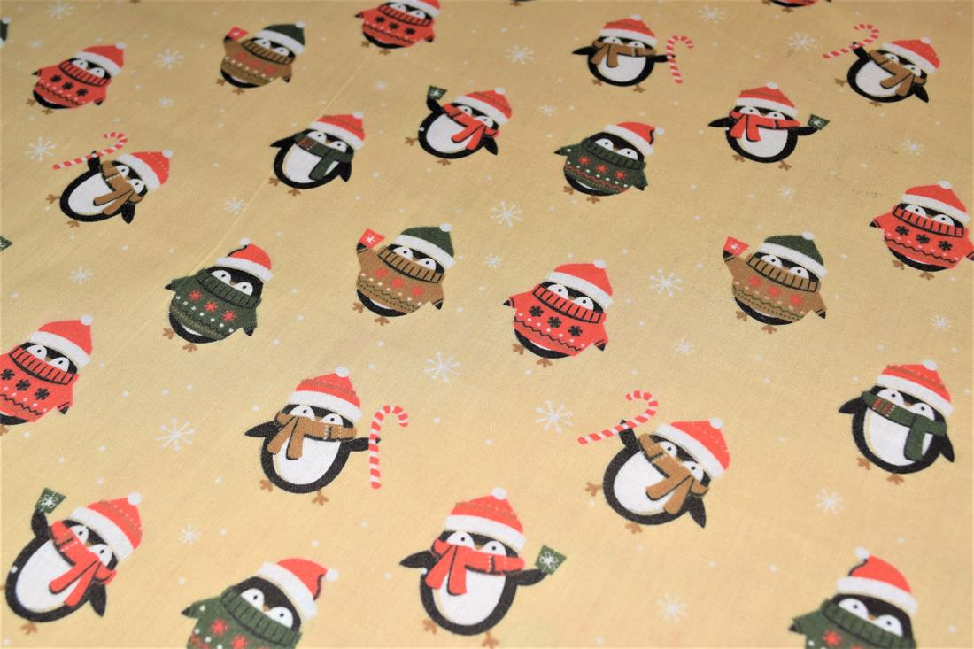 Beige Christmas Penguin Printed Polycotton Fabric