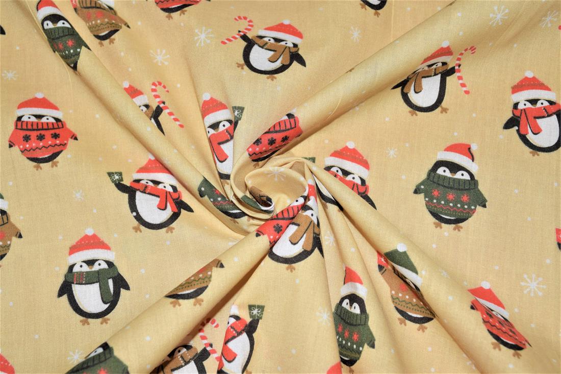 Beige Christmas Penguin Printed Polycotton Fabric