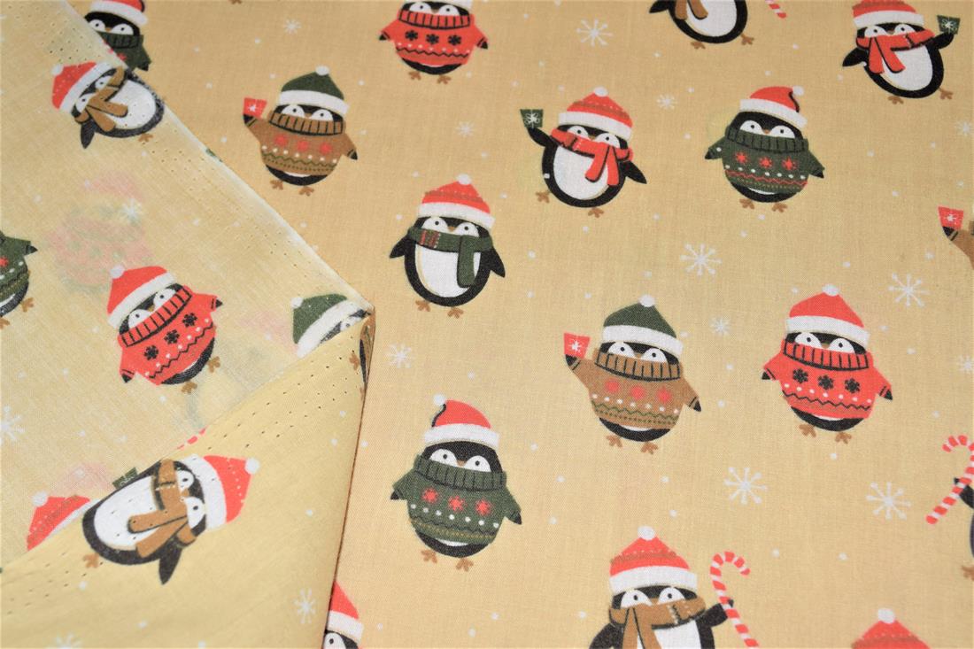 Beige Christmas Penguin Printed Polycotton Fabric