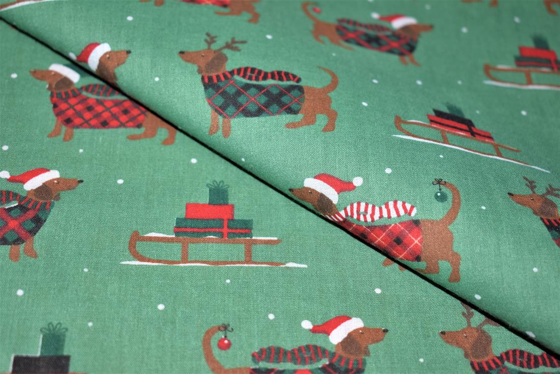 Christmas Sausage Dog Printed Polycotton Fabric