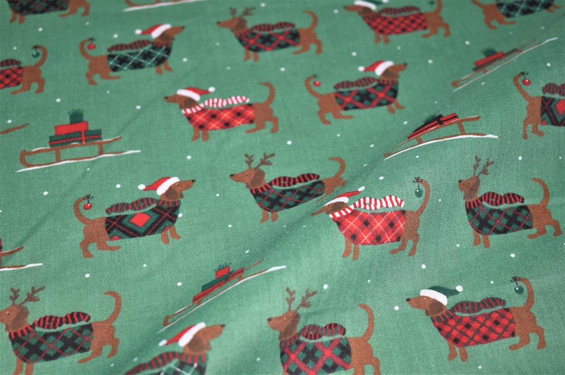 Christmas Sausage Dog Printed Polycotton Fabric