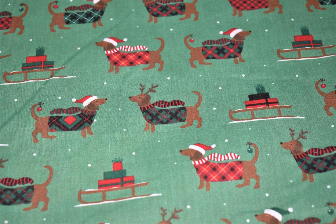Christmas Sausage Dog Printed Polycotton Fabric