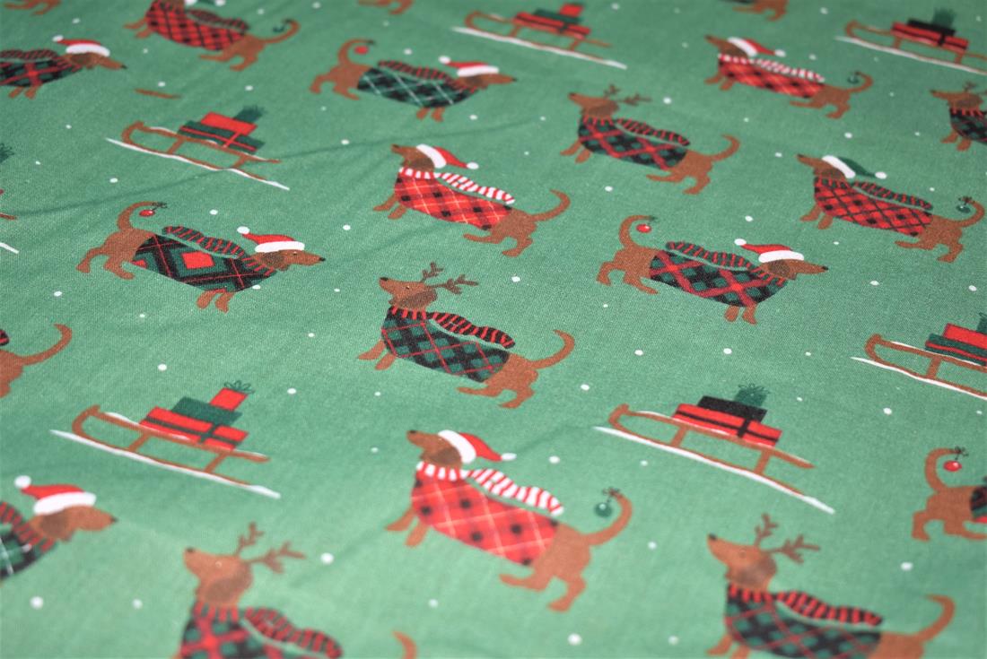Christmas Sausage Dog Printed Polycotton Fabric