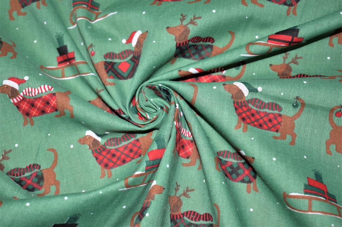 Christmas Sausage Dog Printed Polycotton Fabric