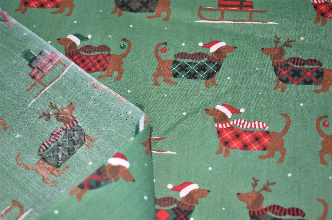Christmas Sausage Dog Printed Polycotton Fabric