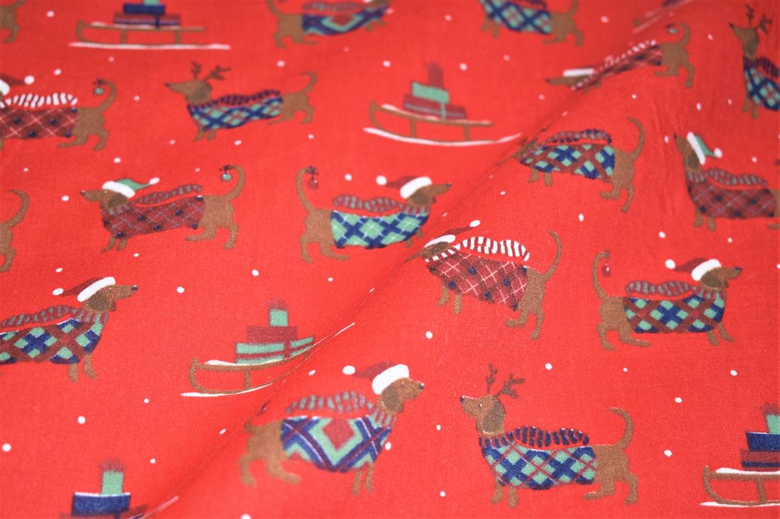 Christmas Sausage Dog Printed Polycotton Fabric