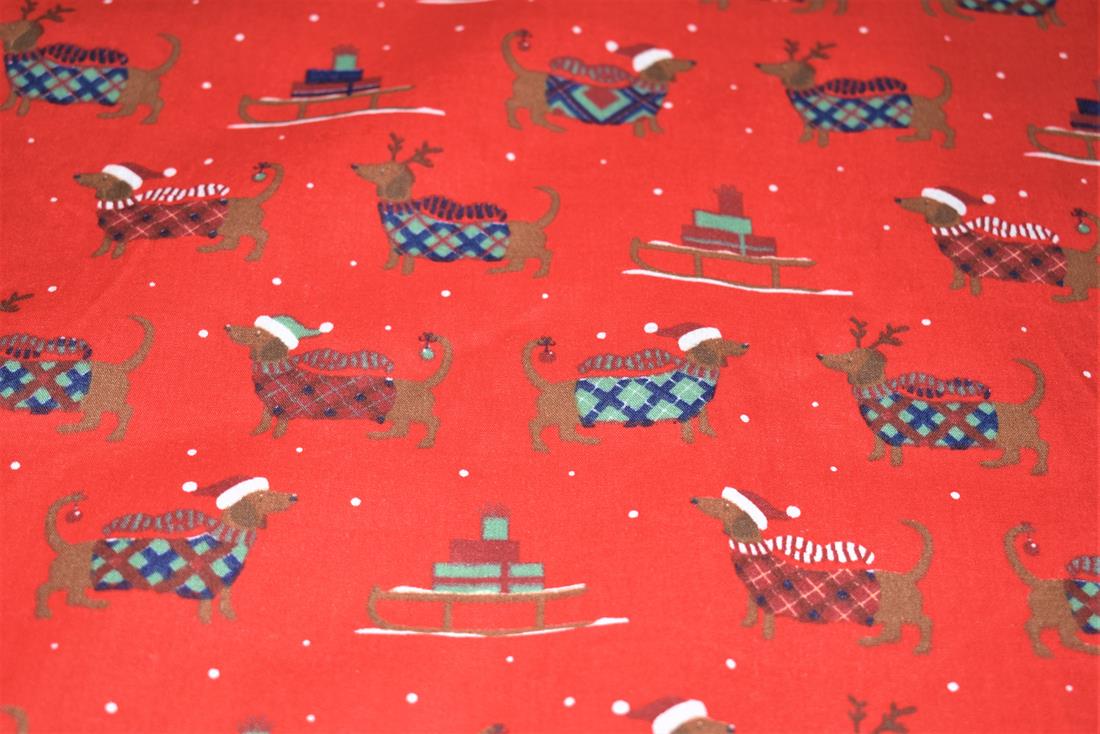 Christmas Sausage Dog Printed Polycotton Fabric