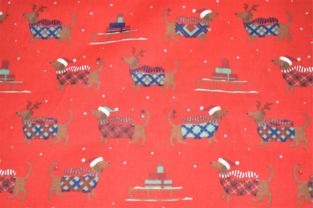 Christmas Sausage Dog Printed Polycotton Fabric