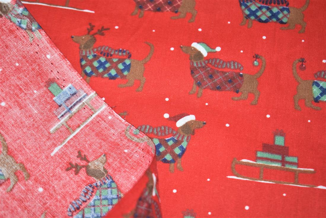Christmas Sausage Dog Printed Polycotton Fabric