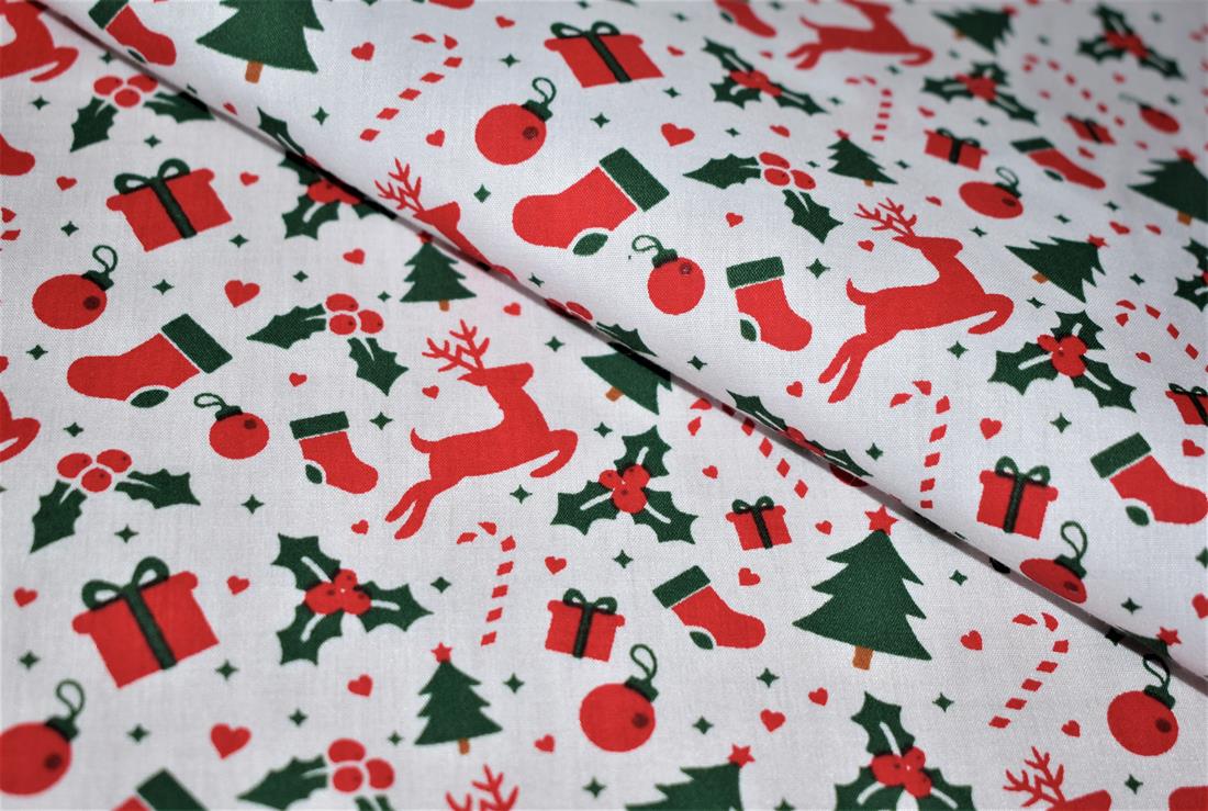 White Reindeers & Snowflakes – Polycotton Fabric
