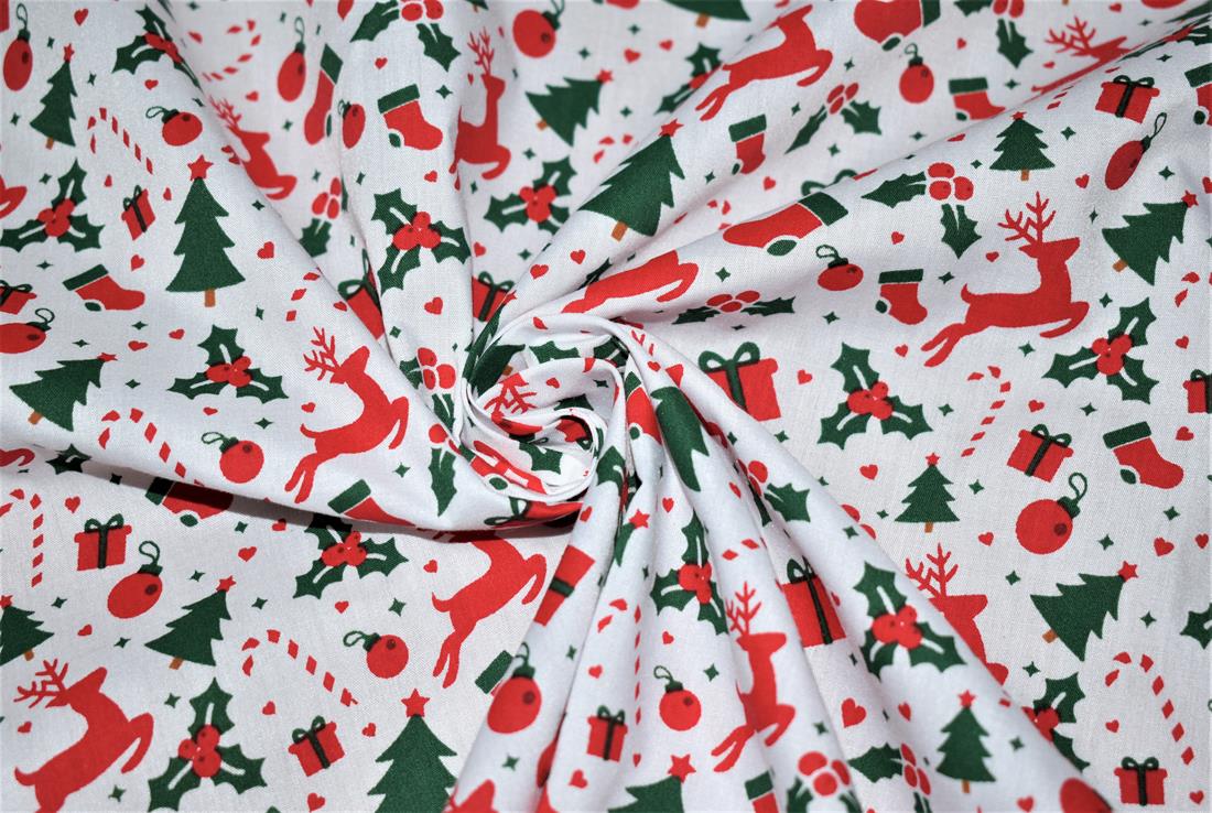 White Reindeers & Snowflakes – Polycotton Fabric