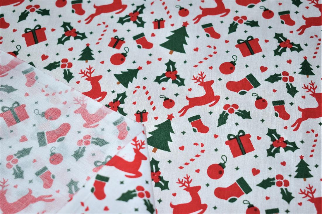 White Reindeers & Snowflakes – Polycotton Fabric