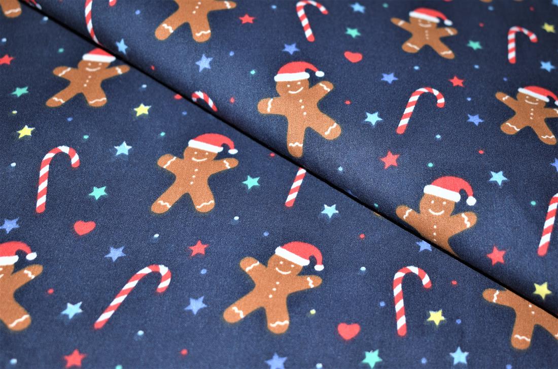 Navy Printed Polycotton Fabric, Ginger Bread Print