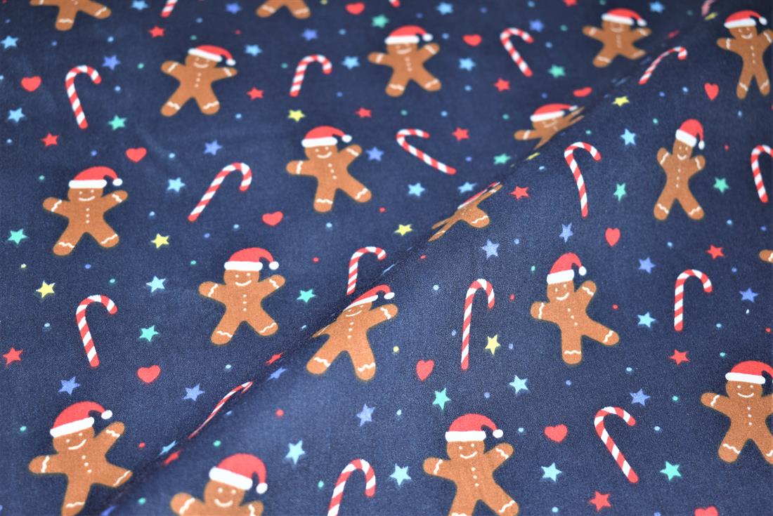 Navy Printed Polycotton Fabric, Ginger Bread Print