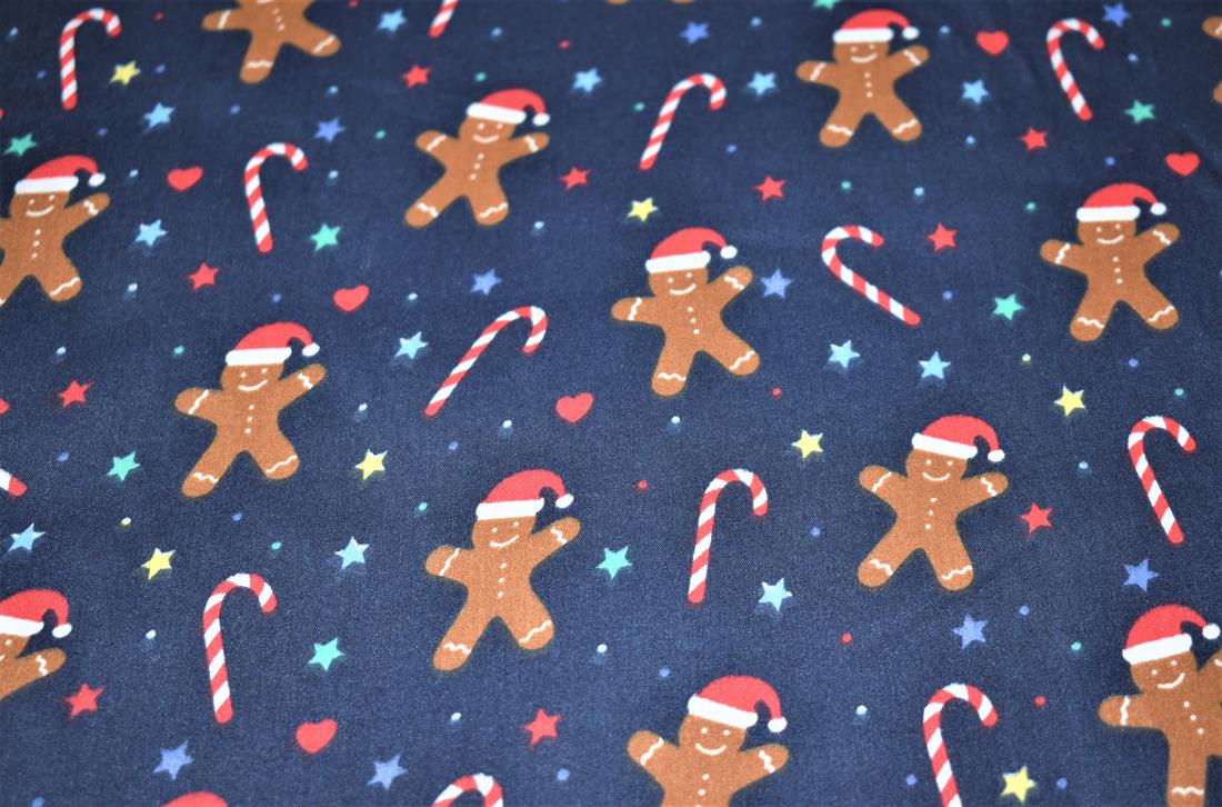 Navy Printed Polycotton Fabric, Ginger Bread Print