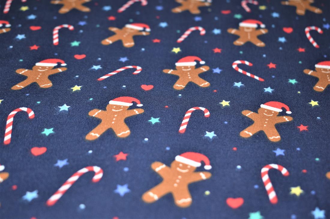 Navy Printed Polycotton Fabric, Ginger Bread Print