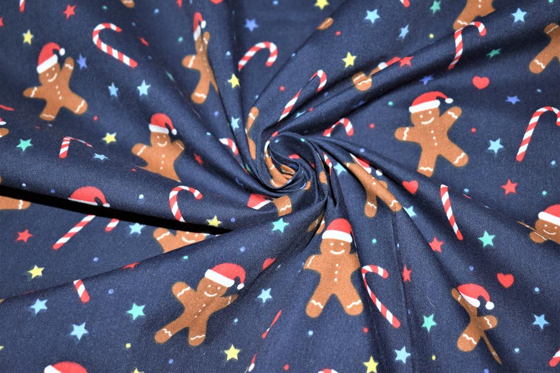 Navy Printed Polycotton Fabric, Ginger Bread Print