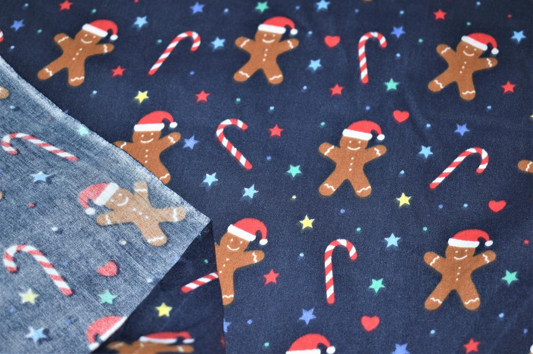 Navy Printed Polycotton Fabric, Ginger Bread Print