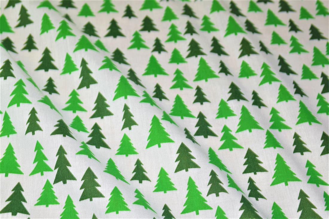 White & Green Printed Polycotton Fabric, Christmas Tree
