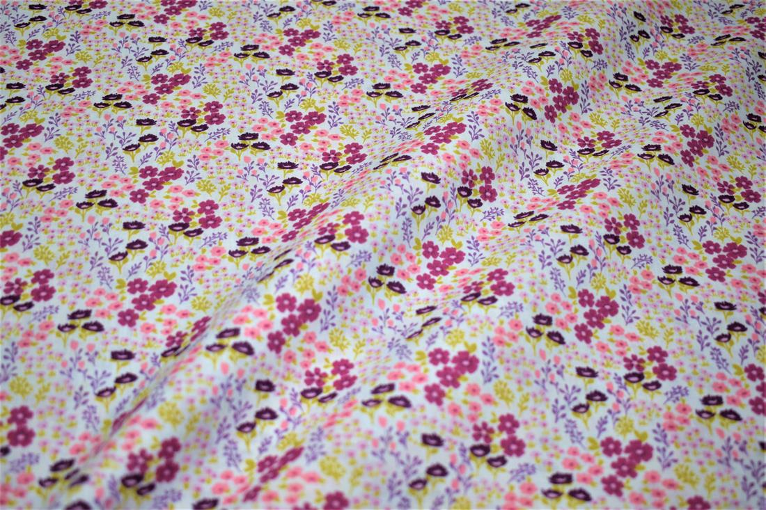 White & Pink Printed Polycotton Fabric
