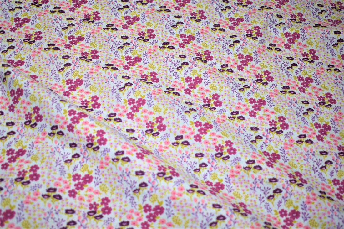 White & Pink Printed Polycotton Fabric