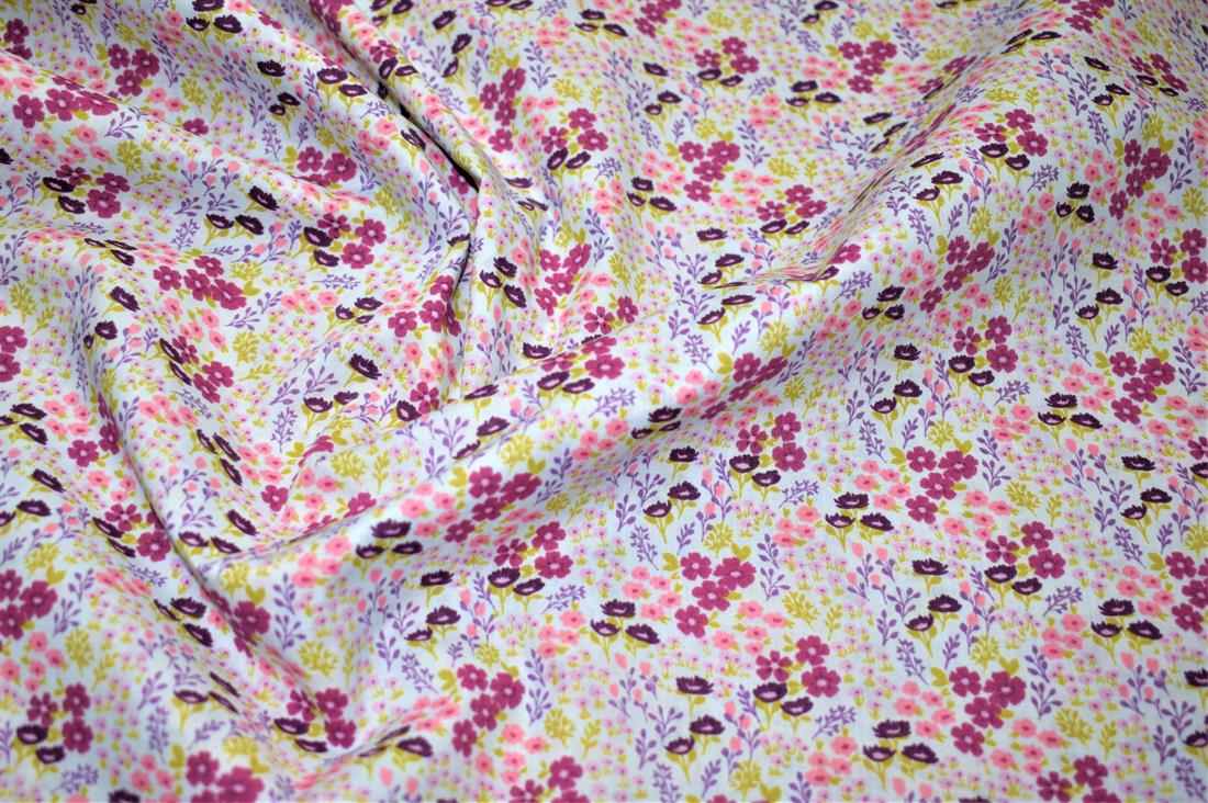 White & Pink Printed Polycotton Fabric