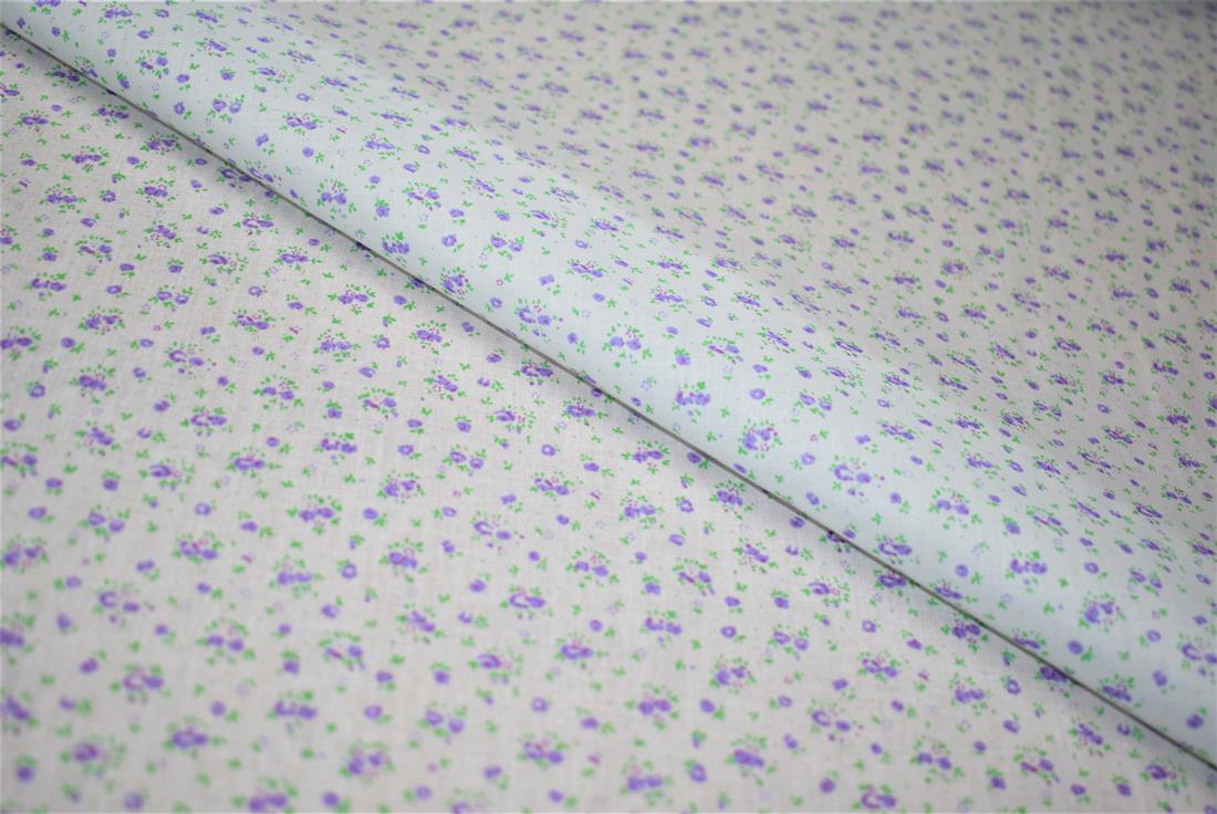 White & Purple Floral Print PolyCotton Fabric