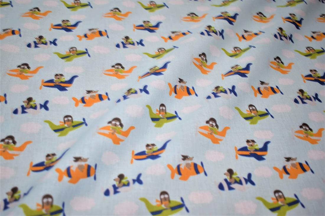Sky Blue Aeroplane Printed Polycotton Fabric