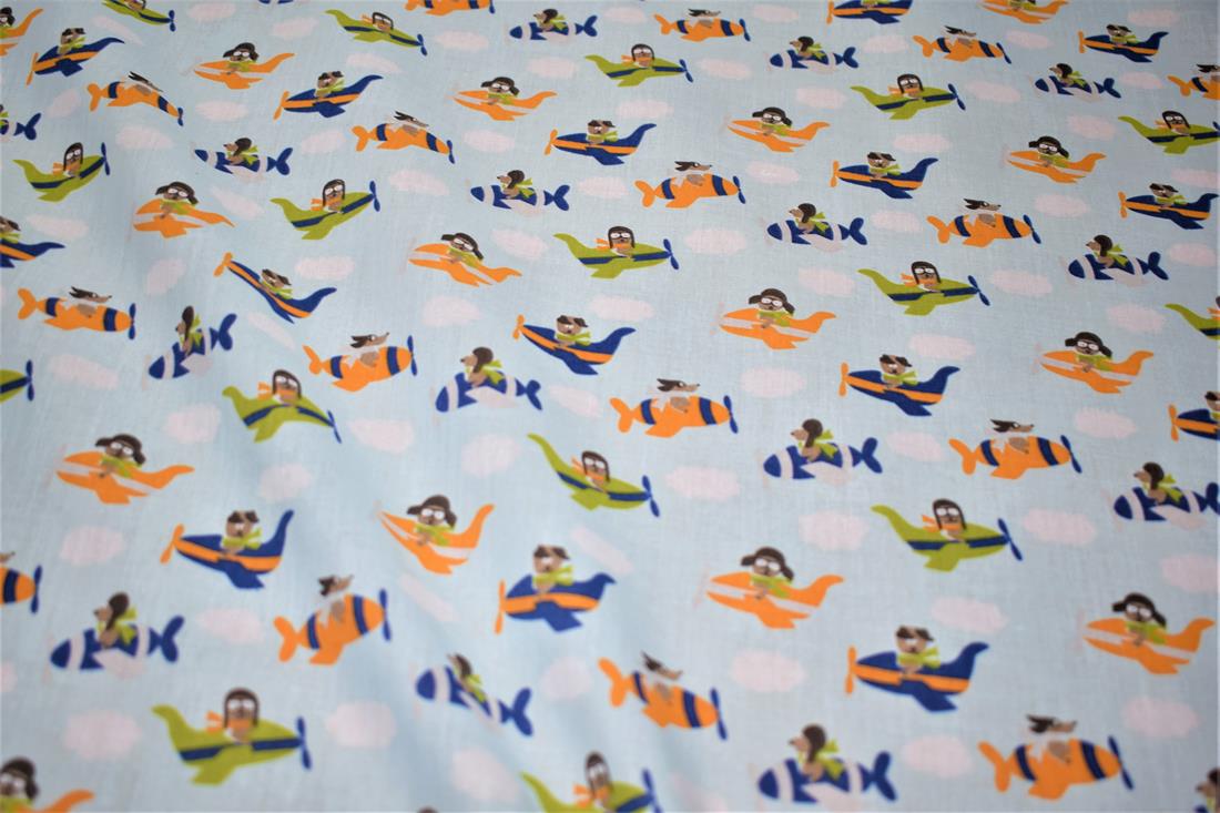 Sky Blue Aeroplane Printed Polycotton Fabric