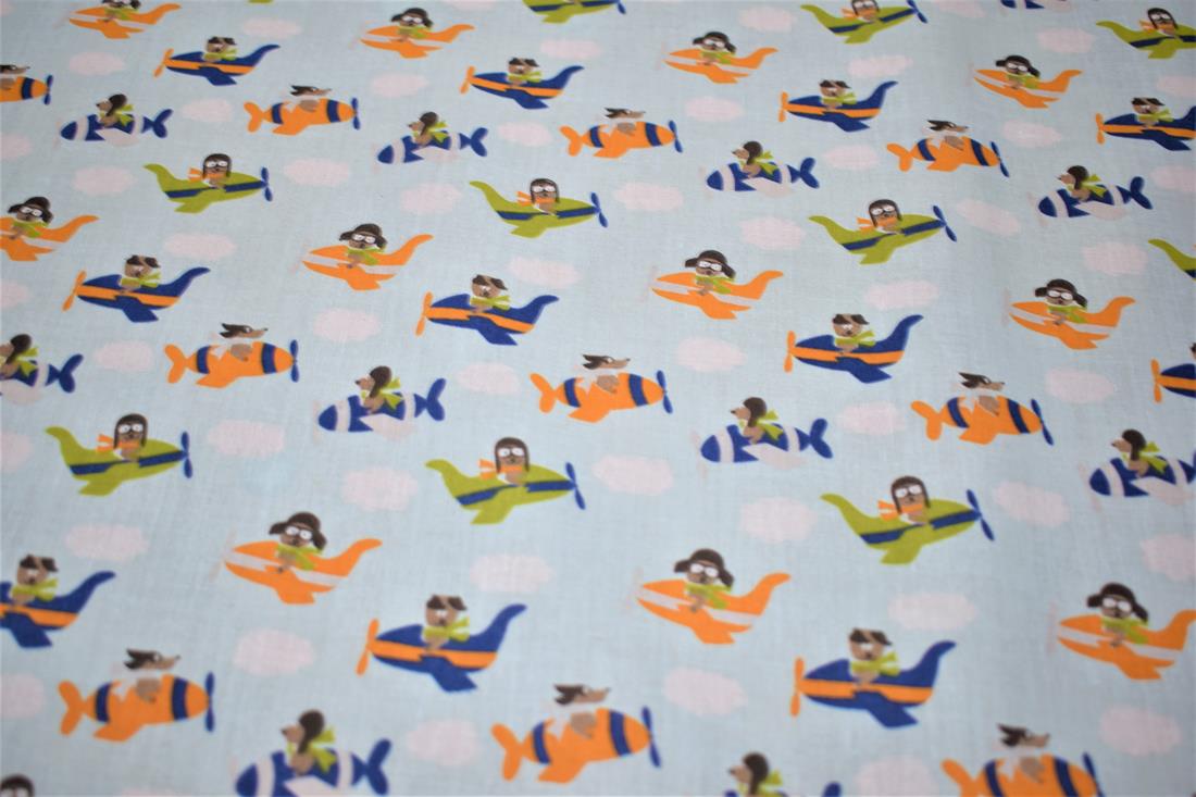 Sky Blue Aeroplane Printed Polycotton Fabric