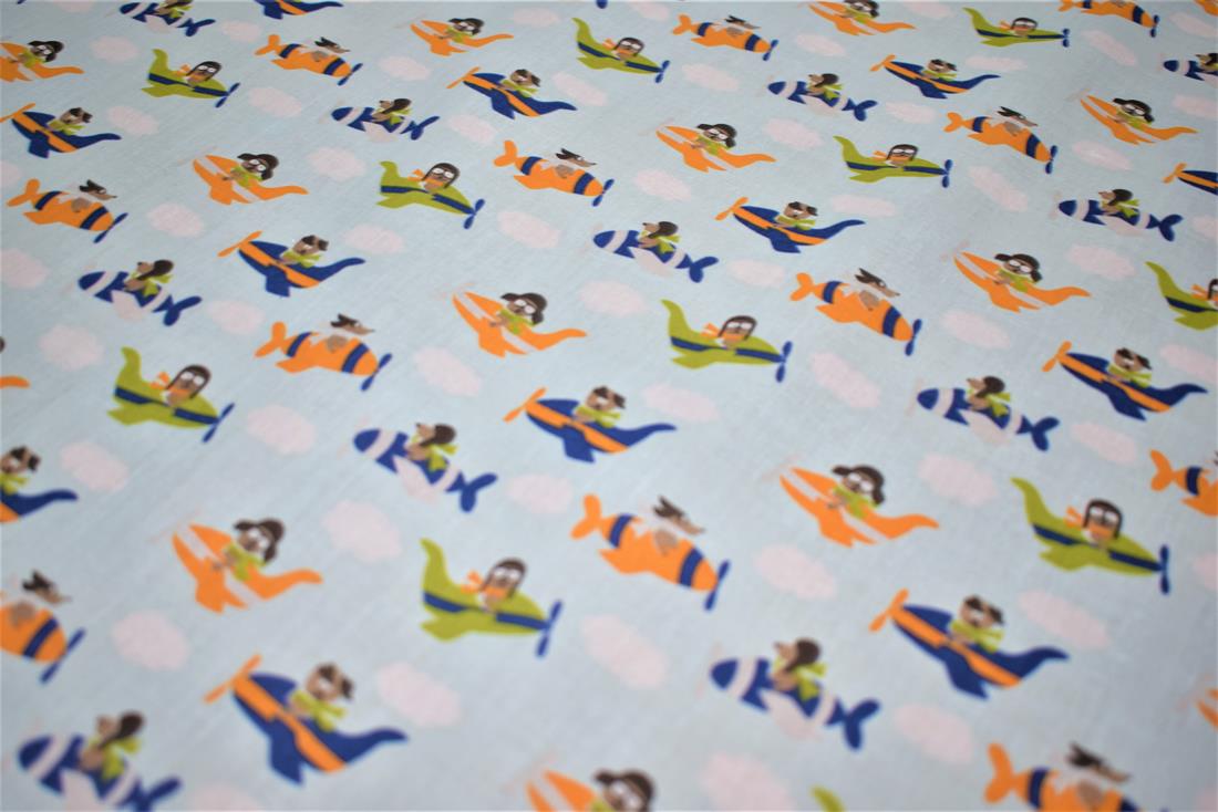 Sky Blue Aeroplane Printed Polycotton Fabric