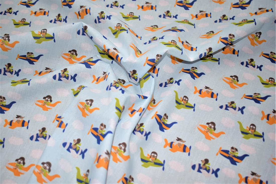 Sky Blue Aeroplane Printed Polycotton Fabric
