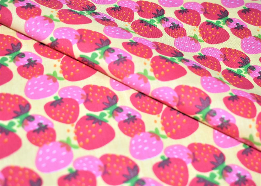 Beige & Red Strawberry Printed PolyCotton Fabric