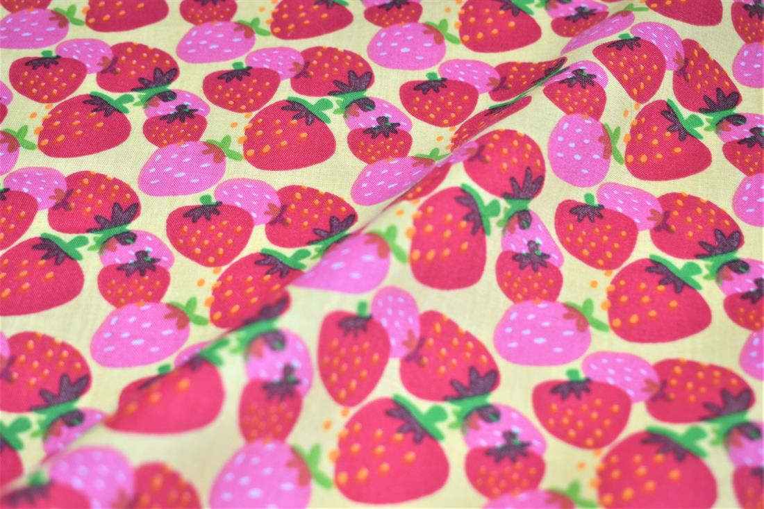 Beige & Red Strawberry Printed PolyCotton Fabric