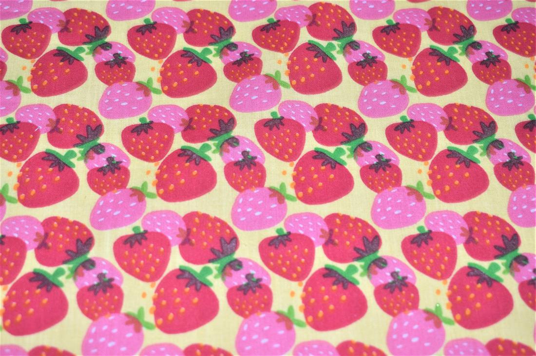 Beige & Red Strawberry Printed PolyCotton Fabric