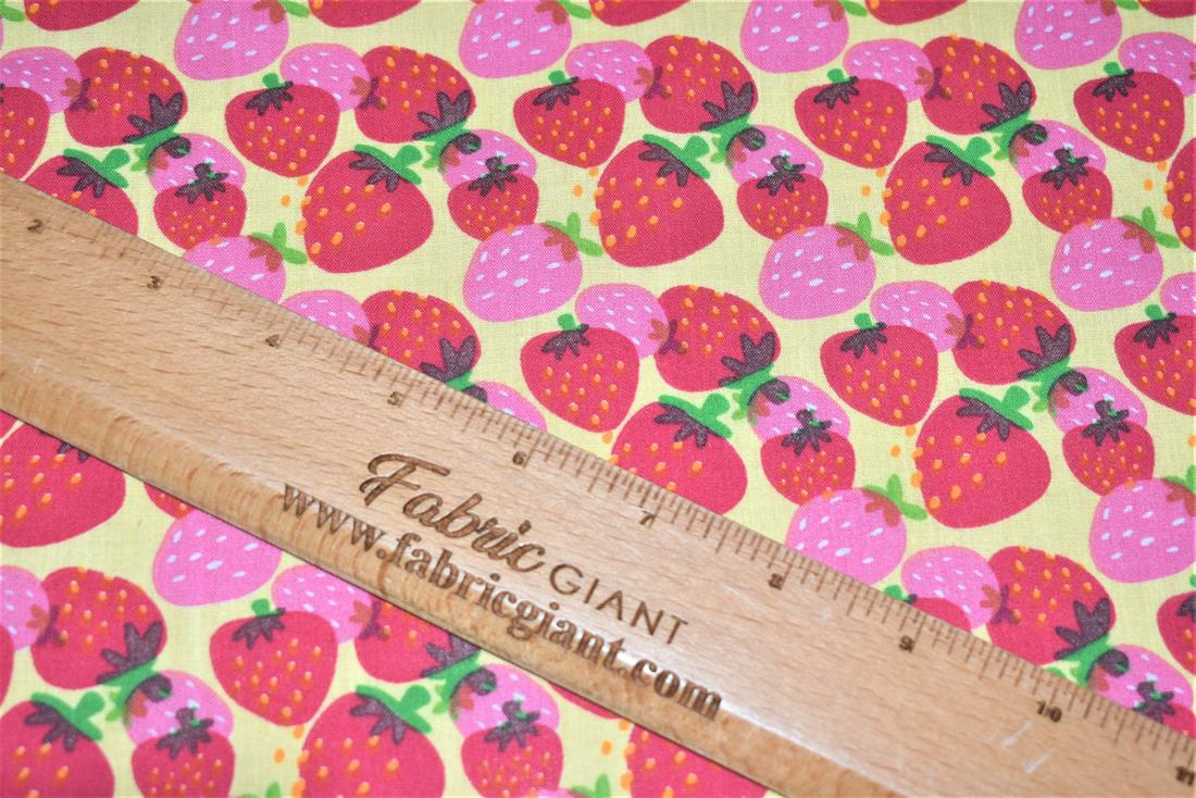 Beige & Red Strawberry Printed PolyCotton Fabric