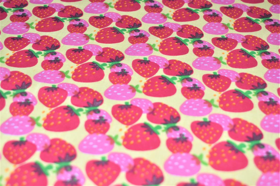 Beige & Red Strawberry Printed PolyCotton Fabric