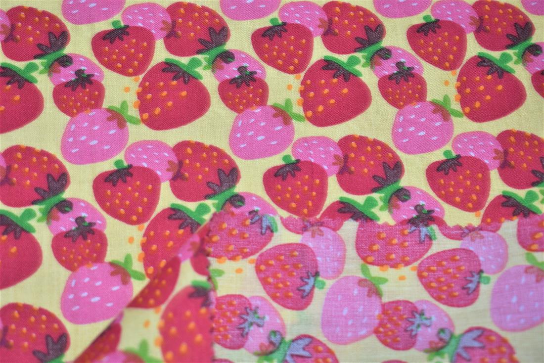Beige & Red Strawberry Printed PolyCotton Fabric