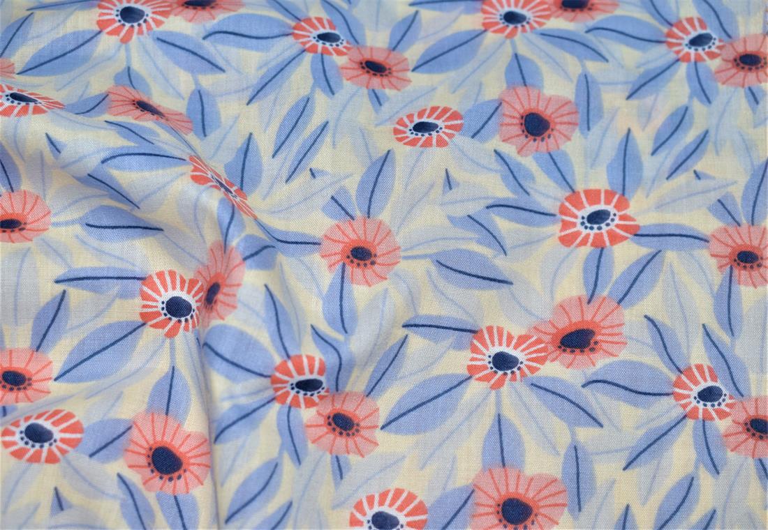 Blue Leaf Poppy Polycotton Beautiful Printed Fabric