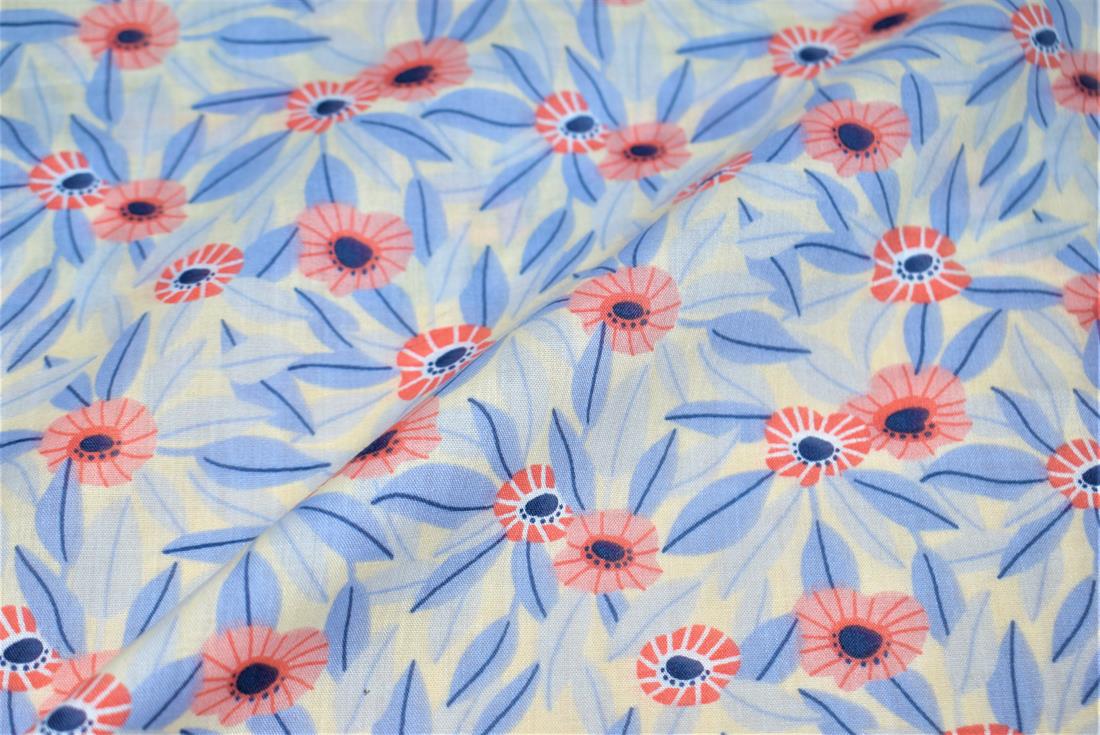 Blue Leaf Poppy Polycotton Beautiful Printed Fabric